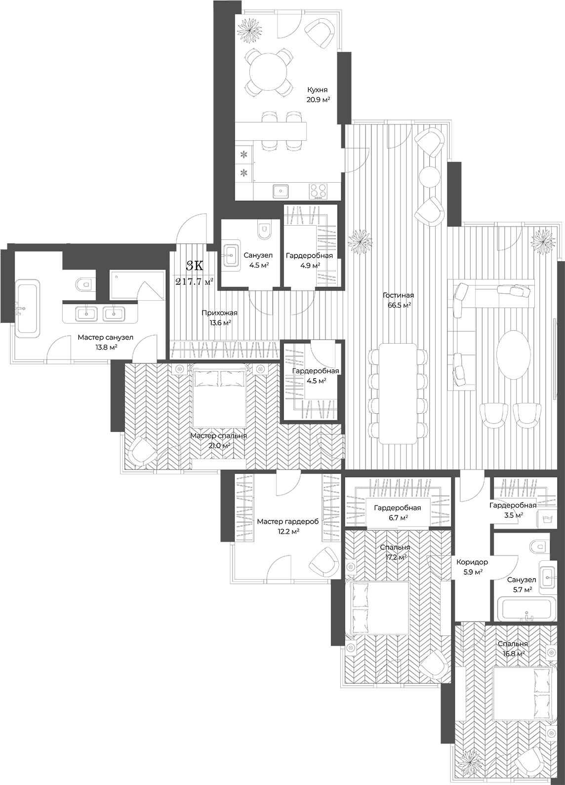 Планировка: Квартира евро-4 217,1 м² в ЖК «Опус»
