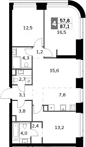 Планировка: Квартира евро-4 87,1 м² в ЖК «Амбер Сити»