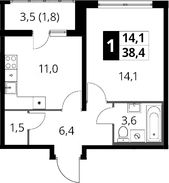 Планировка: 1-комнатная квартира 36,6 м² в ЖК «Южная Битца»
