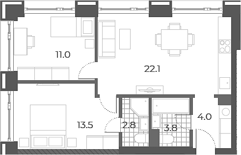Планировка: Евротрёшка 57,2 м² в ЖК «Вейв»
