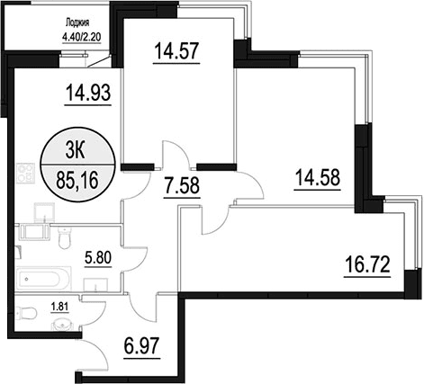 Планировка: 3-комнатная квартира 83 м² в ЖК «Солнечный Парк»