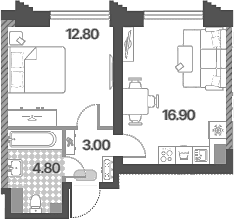 Планировка: Евродвушка 37,5 м² в ЖК «Обручева 30»