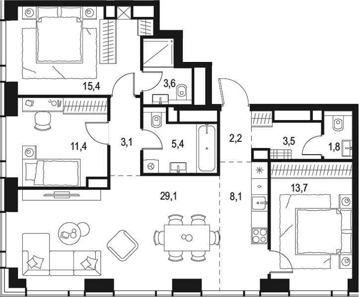 Планировка: Квартира евро-4 97,3 м² в ЖК «Левел Звенигородская»