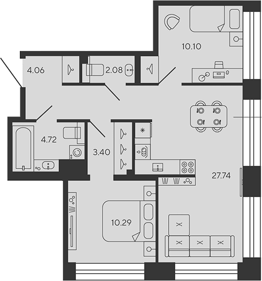 Планировка: Евротрёшка 62,4 м² в ЖК «BASHNI ELEMENT»