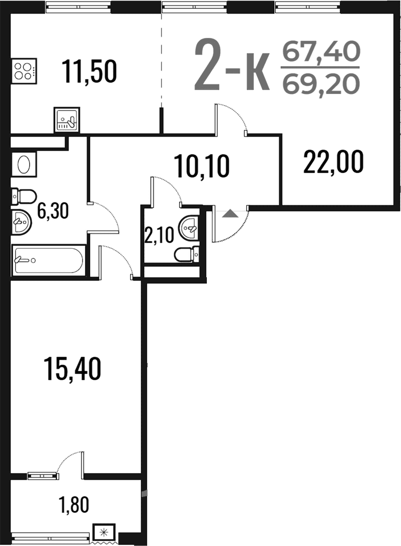 Планировка: Евродвушка 67,4 м² в ЖК «Новое Летово»