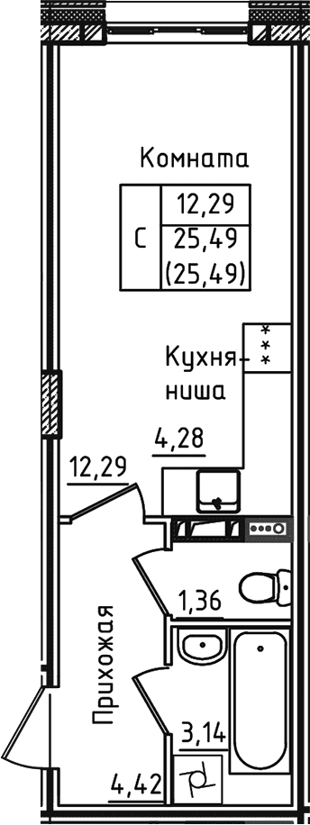 Планировка: Студия 25,5 м² в ЖК «Зеленый город»