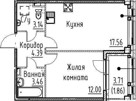 Планировка: Евродвушка 40,6 м² в ЖК «Кронфорт»