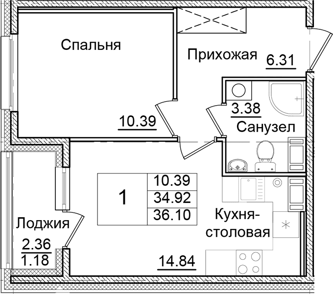 Планировка: 1-комнатная квартира 34,9 м² в ЖК «Квартал Заречье»