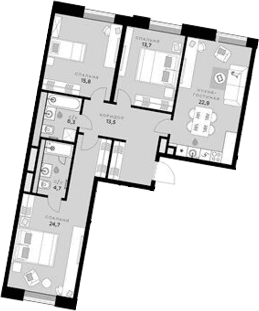 Планировка: Квартира евро-4 101,6 м² в ЖК «СберСити»