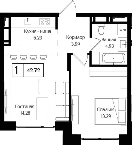 Планировка: Евродвушка 42,7 м² в ЖК «Преображенская площадь»