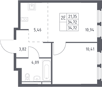 Планировка: 1-комнатная квартира 34,7 м² в ЖК «Космический Квартал»