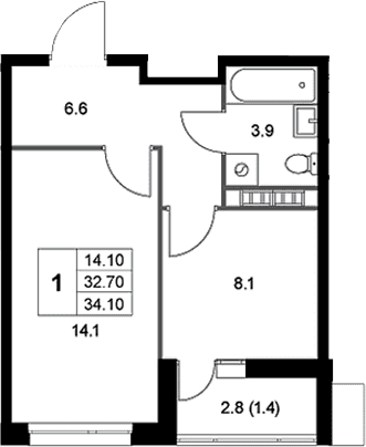 Планировка: 1-комнатная квартира 32,8 м² в ЖК «Легенда Коренево»