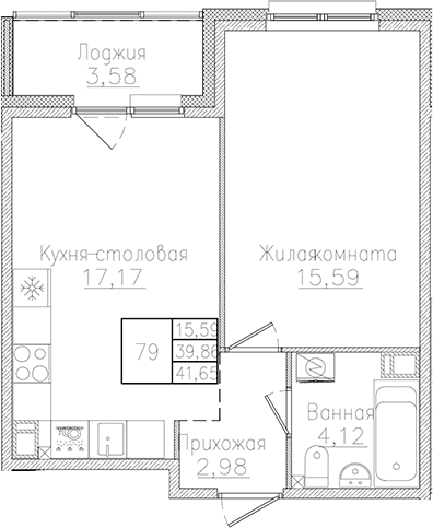 Планировка: Евродвушка 39,9 м² в ЖК «Счастье 2.0»