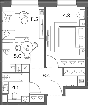 Планировка: Евродвушка 44,2 м² в ЖК «Станиславский»