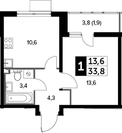 Планировка: 1-комнатная квартира 31,9 м² в ЖК «Южная Битца»