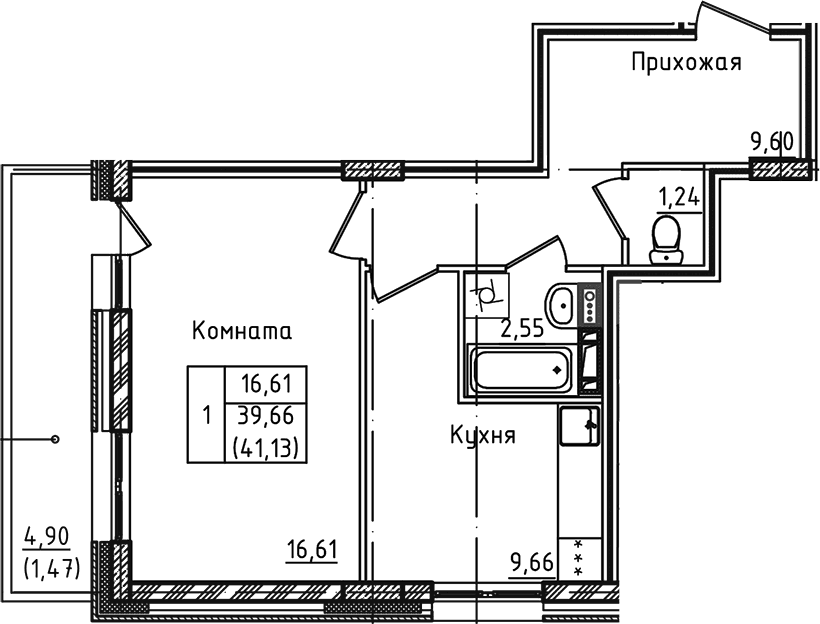 Планировка: 1-комнатная квартира 39,7 м² в ЖК «Зеленый город»