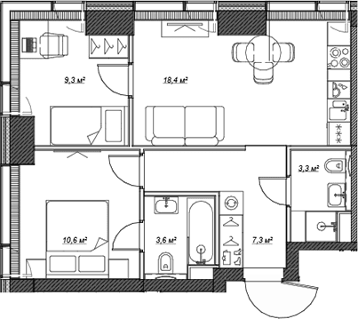 Планировка: Евротрёшка 52,5 м² в ЖК «Веер»