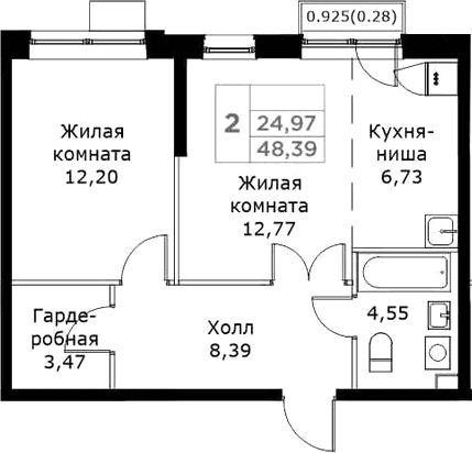 Планировка: Евродвушка 48,1 м² в ЖК «КИТ»