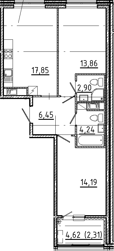 Планировка: Евротрёшка 59,5 м² в ЖК «Новгородская 8»