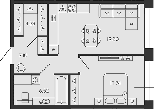 Планировка: Евродвушка 50,8 м² в ЖК «BASHNI ELEMENT»