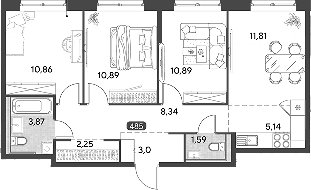 Планировка: Квартира евро-4 67,8 м² в ЖК «Космопарк»