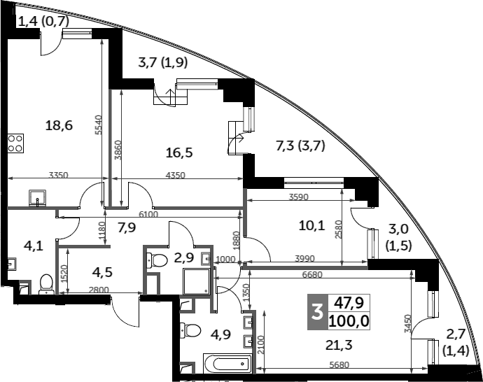 Планировка: 3-комнатная квартира 90,8 м² в ЖК «Сидней Сити»