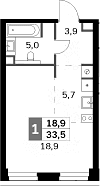 Планировка: Студия 33,5 м² в ЖК «Амбер Сити»