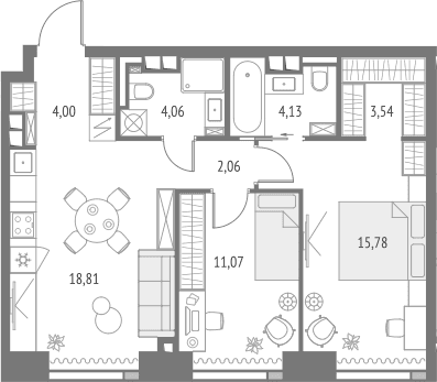 Планировка: Евротрёшка 63,5 м² в ЖК «Апсайд Тауэрс»