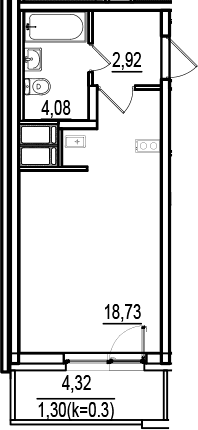 Планировка: Студия 25,7 м² в ЖК «ИСКРА-Сити»
