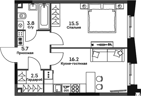 Планировка: Евродвушка 43,7 м² в ЖК «ТВЕЛВ»