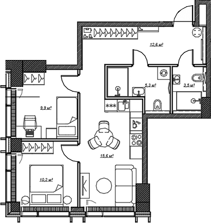 Планировка: Евротрёшка 57,1 м² в ЖК «Веер»
