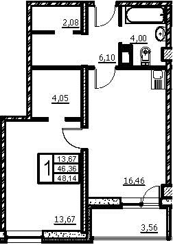 Планировка: Евродвушка 46,4 м² в ЖК «Wings»