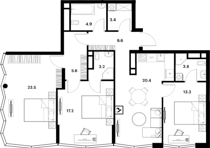 Планировка: Квартира евро-4 101,9 м² в ЖК «АЛИА»