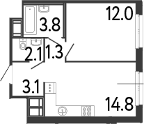 Планировка: Евродвушка 37,1 м² в ЖК «Передвижники»