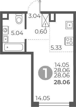Планировка: Студия 28,1 м² в ЖК «Мневники от Гранель»