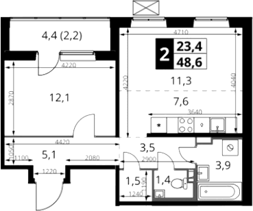 Планировка: Евродвушка 46,4 м² в ЖК «1-й Южный»