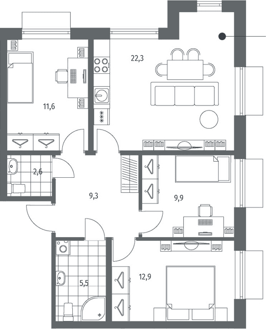 Планировка: Квартира евро-4 74,1 м² в ЖК «Парусная 1»