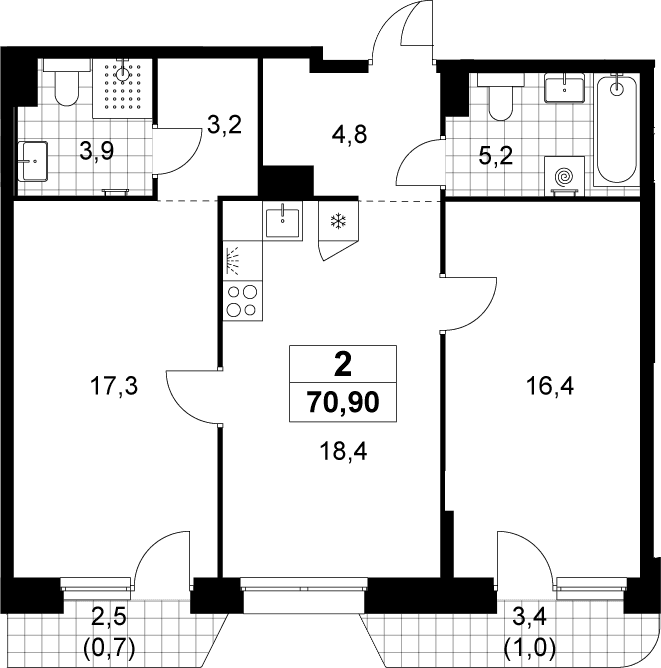 Планировка: Евротрёшка 69,2 м² в ЖК «Прокшино»