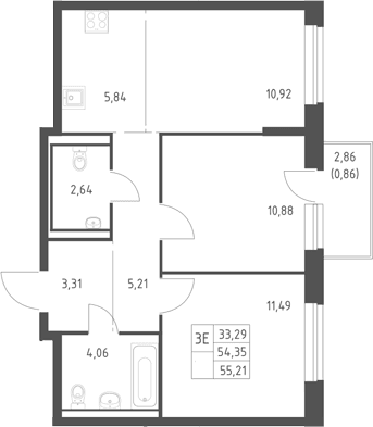 Планировка: Евротрёшка 54,4 м² в ЖК «Горки Парк»