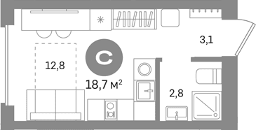 Планировка: Студия 18,7 м² в ЖК «Первый квартал. Вторая очередь»