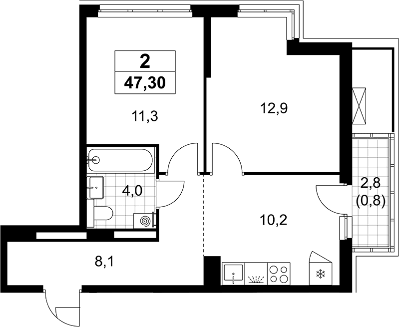 Планировка: 2-комнатная квартира 46,5 м² в ЖК «Деснаречье»