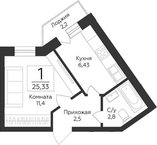 Планировка: 1-комнатная квартира 23,1 м² в ЖК «Гардарика Клаб»