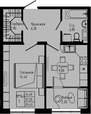 Планировка: 1-комнатная квартира 37,2 м² в ЖК «PIXEL»