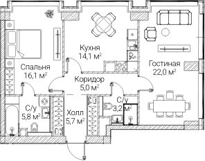 Планировка: 2-комнатная квартира 71,8 м² в ЖК «СЕЗАР БУДУЩЕЕ»