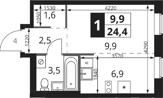 Планировка: Студия 24,4 м² в ЖК «1-й Ясеневский»