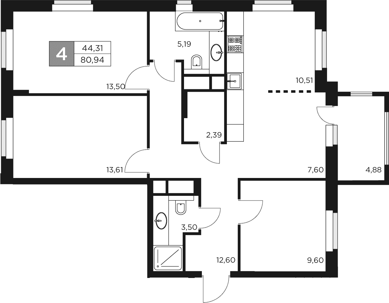 Планировка: Квартира евро-4 78,5 м² в ЖК «Восток 2»