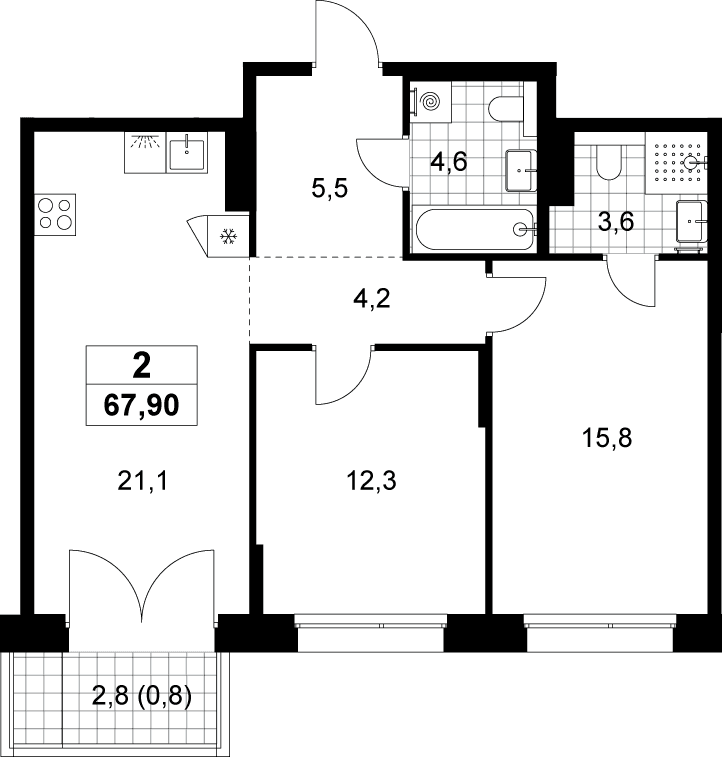 Планировка: Евротрёшка 67,1 м² в ЖК «Хольм»