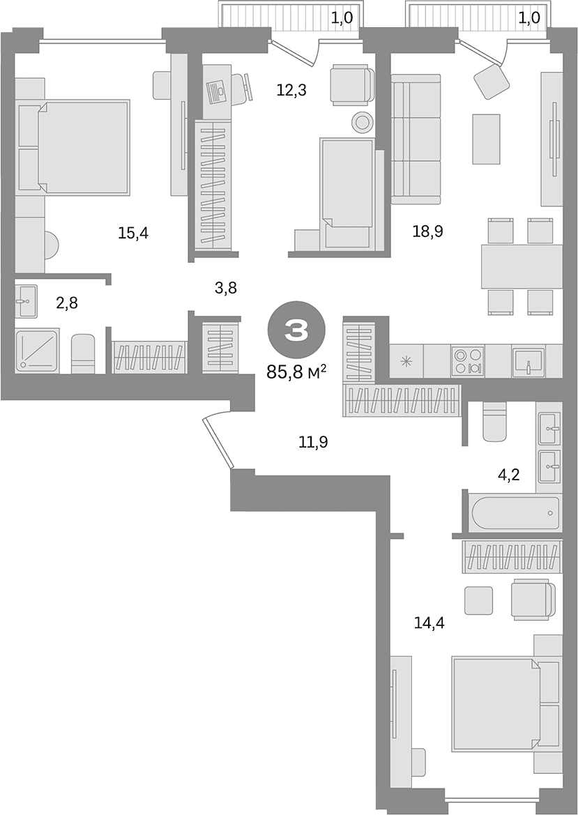 Планировка: 3-комнатная квартира 83,8 м² в ЖК «Первый квартал. Вторая очередь»