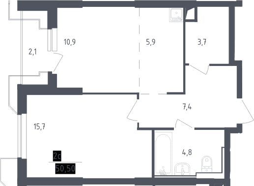 Планировка: Евродвушка 48,4 м² в ЖК «Скай Спутник»