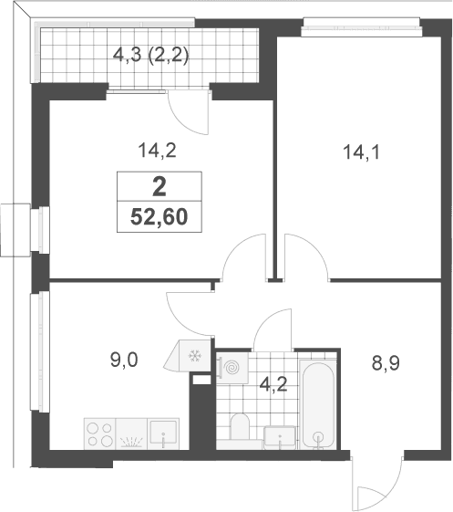 Планировка: 2-комнатная квартира 50,4 м² в ЖК «Скандинавия»